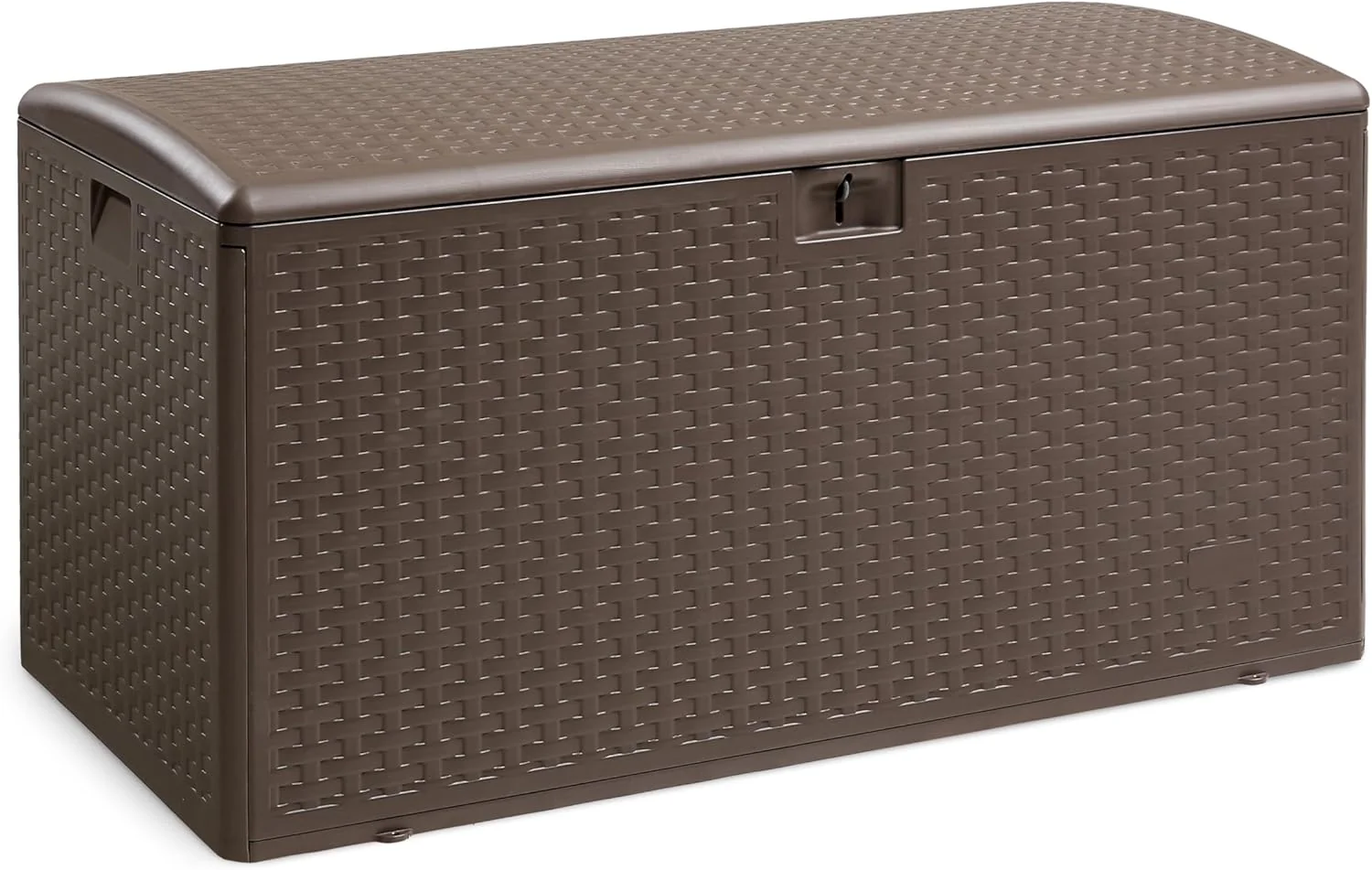 Outdoor patio storage box - 150 gallons. Loft box. waterproof and highly resistant to weather. suitable for furniture cushions and gardening tools. brown color scheme.