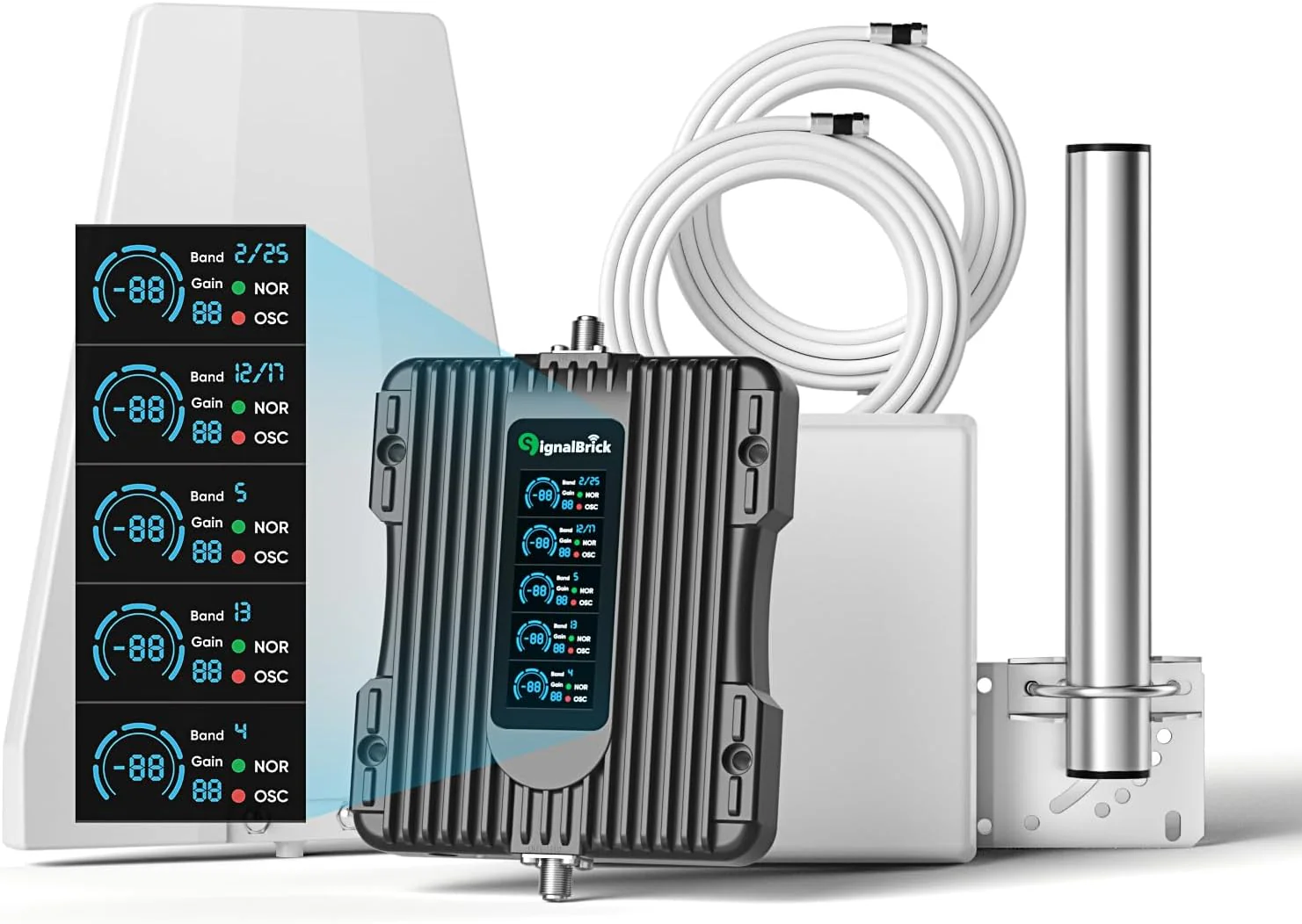 A home-use mobile phone signal booster with a liquid crystal display. a five-band mobile phone signal booster. with a coverage area of up to 5000 square feet.