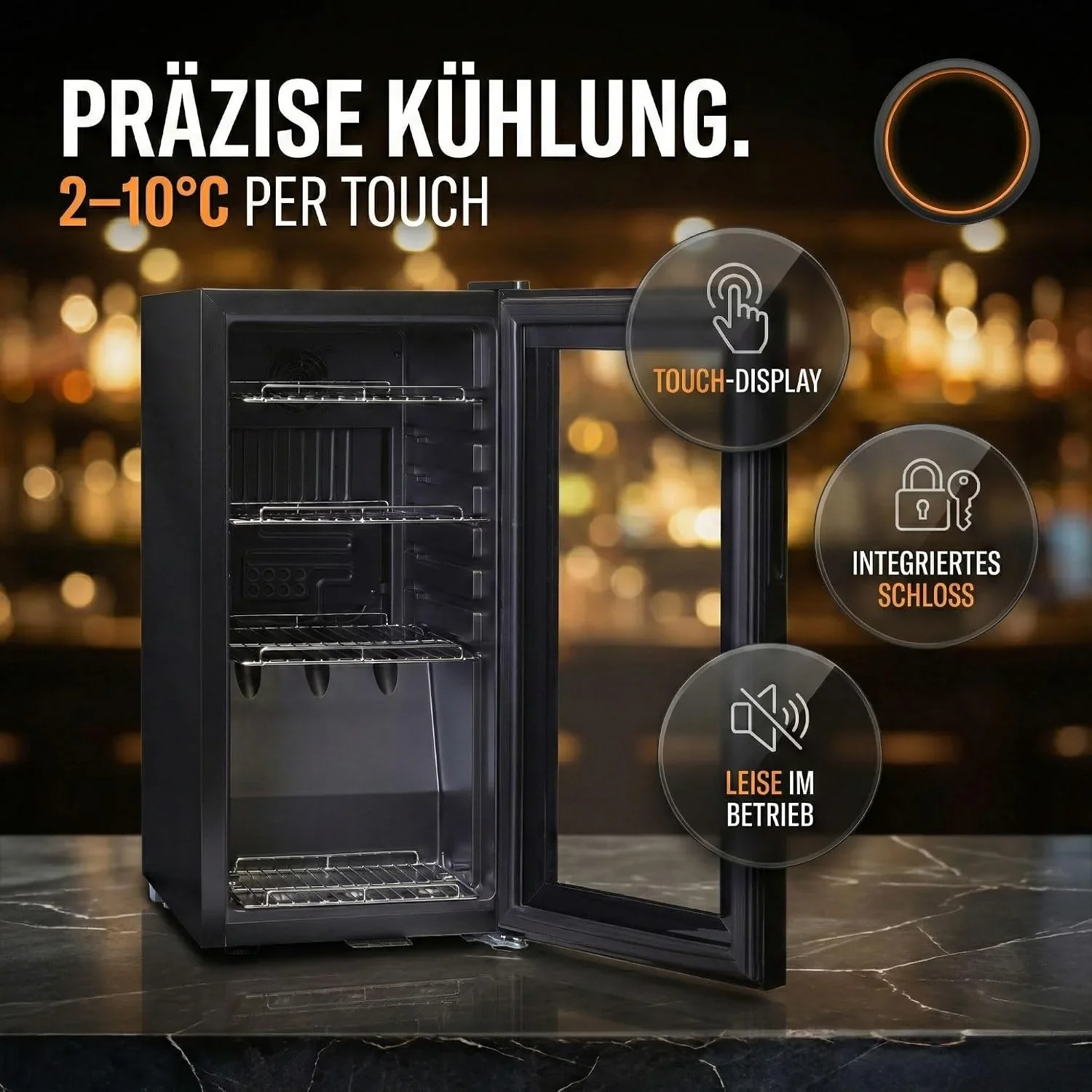 Sommertal Getränkekühlschrank 50L – Mini Kühlschrank schwarz mit Glastür. Touchscreen & LED | Kleiner Flaschenkühlschrank abschließbar & leise für