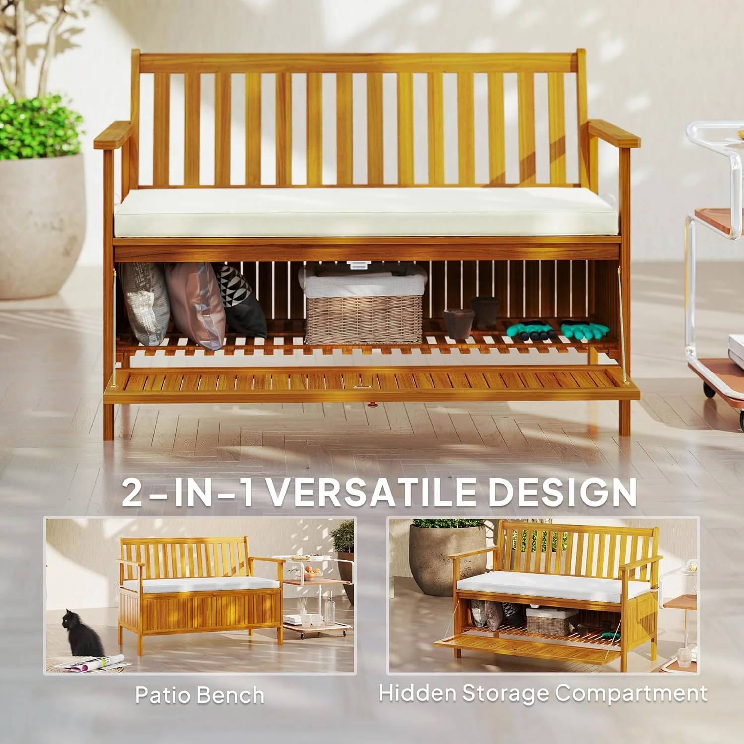 Outdoor bench with storage box. 28-gallon outdoor storage bench. garden seat made of rosewood with cushion. suitable for parks. balconies. and terraces. double-person outdoor furniture. made of teak material