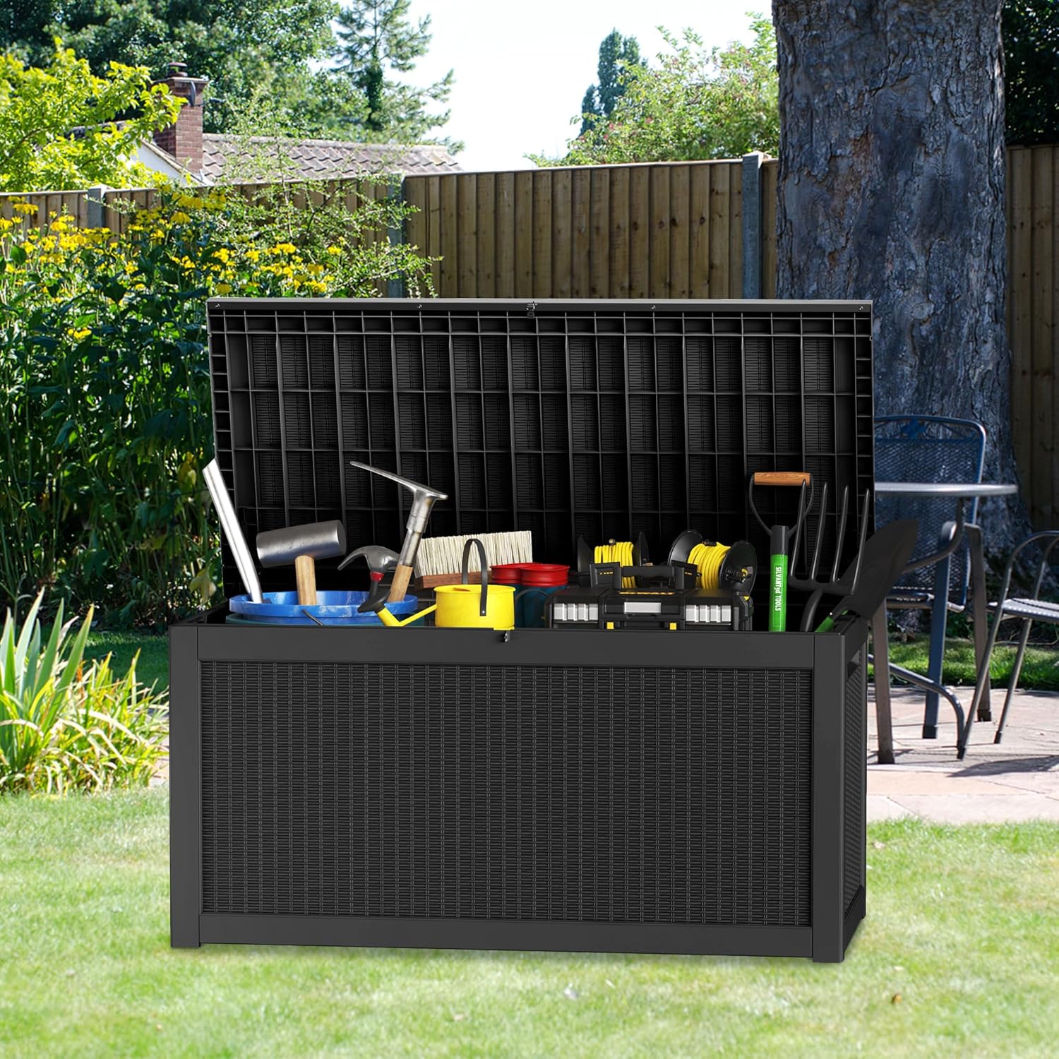 260-gallon large outdoor storage XL outdoor box. suitable for garden furniture. outdoor cushions. garden tools. sports equipment and pool supplies. Made of waterproof resin material. lockable. in gray color scheme.