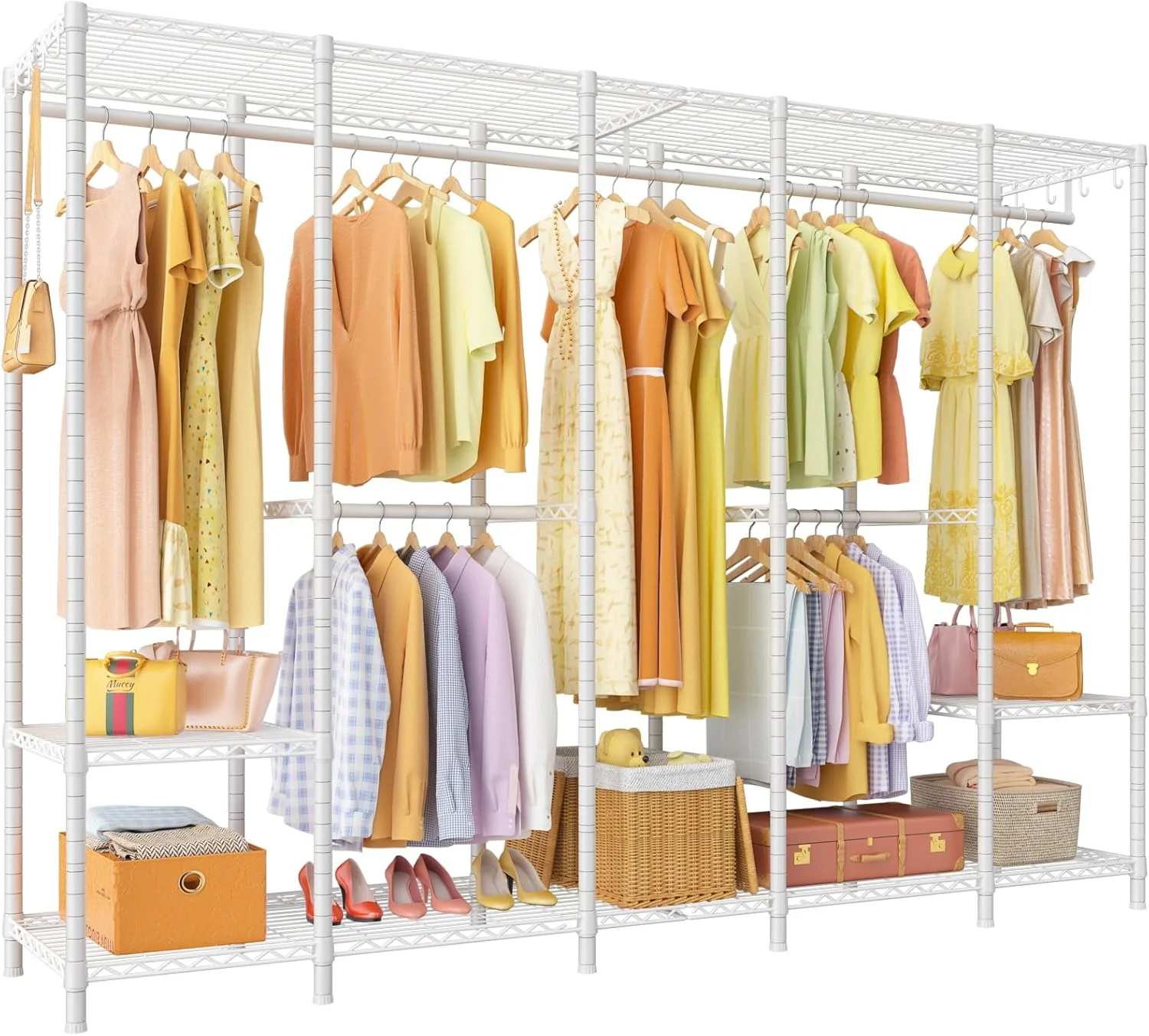 Super large clothes rack. heavy-duty clothes storage rack. standalone portable wardrobe. clothes rack for hanging clothes. 89.8 inches wide x 15.8 inches deep x 76.4 inches high. maximum load capacity of 1400 pounds. white