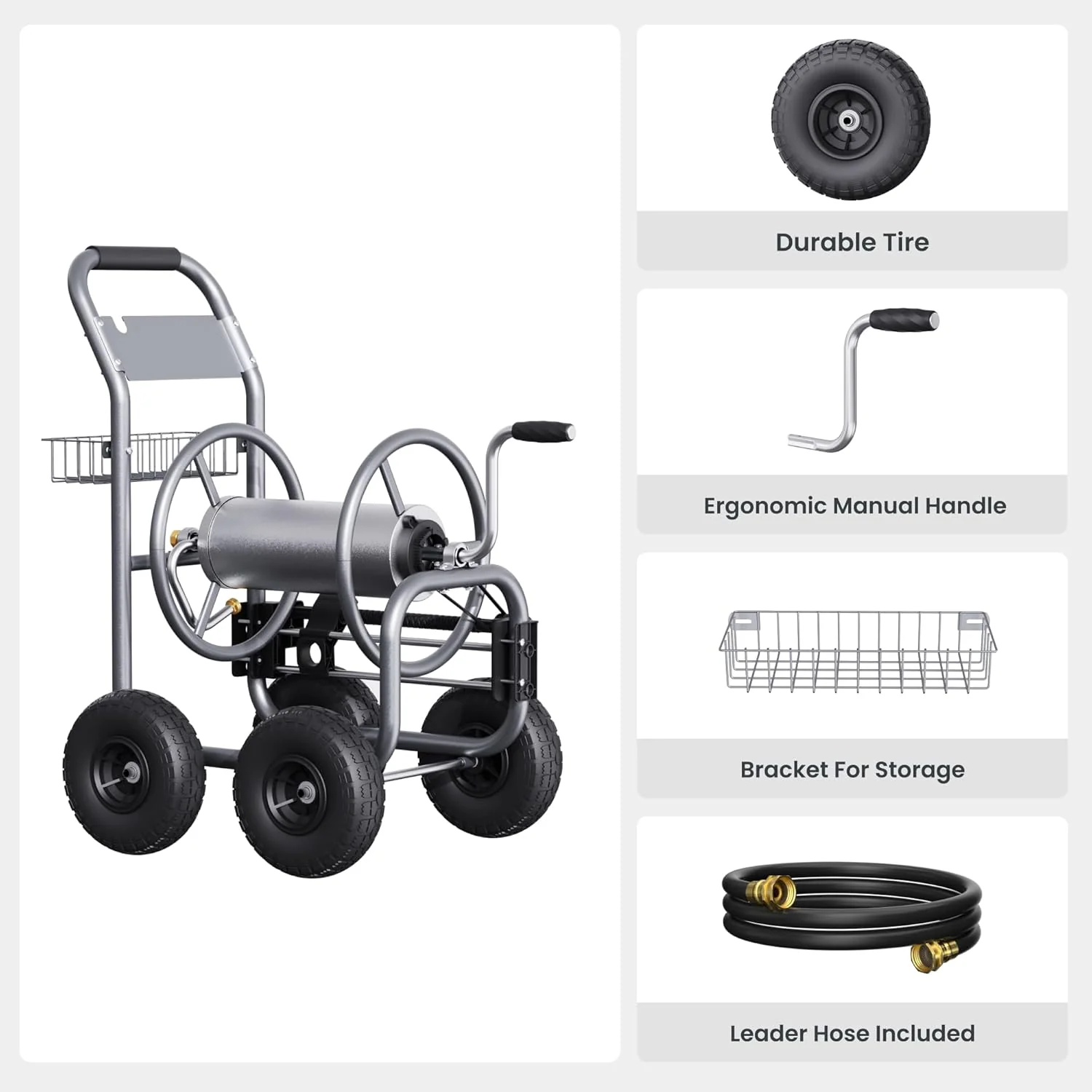 Tool pipe trailer. heavy-duty wheeled hose vehicle. suitable for outdoor industrial hose reels. length 250 feet. inner diameter 5/8 inches. hose guide device pre-installed.