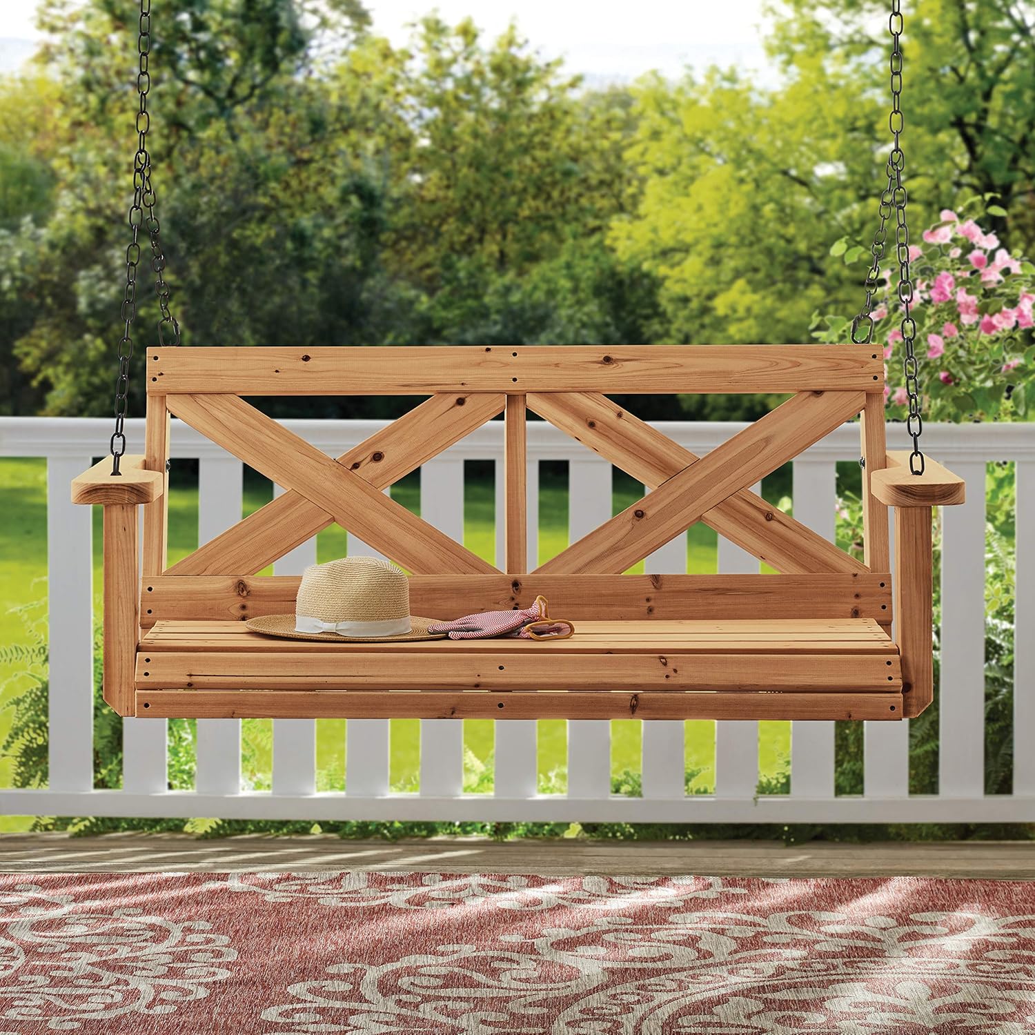 Backyard Discovery 55 Cedar Wood Farmhouse Outdoor Porch Swing Bench with Two-Person Seating. Durable Hanging Chains. Water-Resistant. Heavy-Duty 600 Lbs Weight Capacity for Patio. Deck. Garden