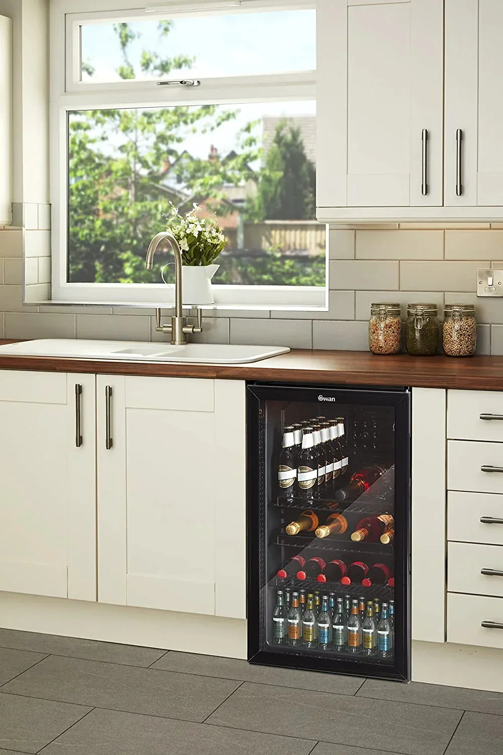 Swan 80L Glass Fronted Under Counter Fridge. Wine Beer and Beverage Cooler