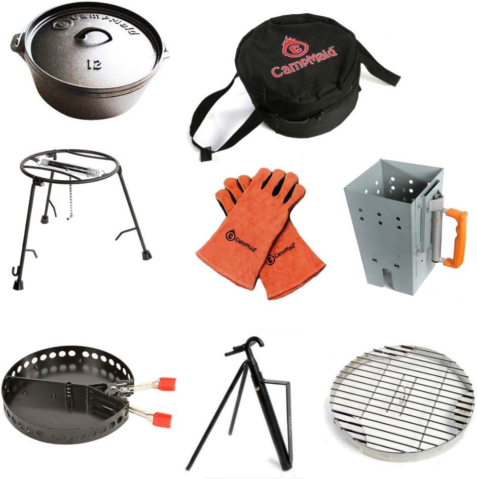 Outdoor Cooking Set - Dutch Oven and Tools Set - Charcoal Holder & Cast Iron Grill Accessories - Camping Grill Set - Outdoor Cooking Essentials - Camp Kitchen Equipment - (8 Piece Set)