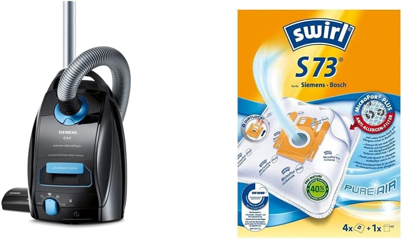 Siemens Staubsauger mit Beutel Q5.0 Extreme silencePower VSQ5X1230. Bodenstaubsauger. 850 W. schwarz & Swirl S 73 MicroPor Plus Staubsaugerbeutel. 4