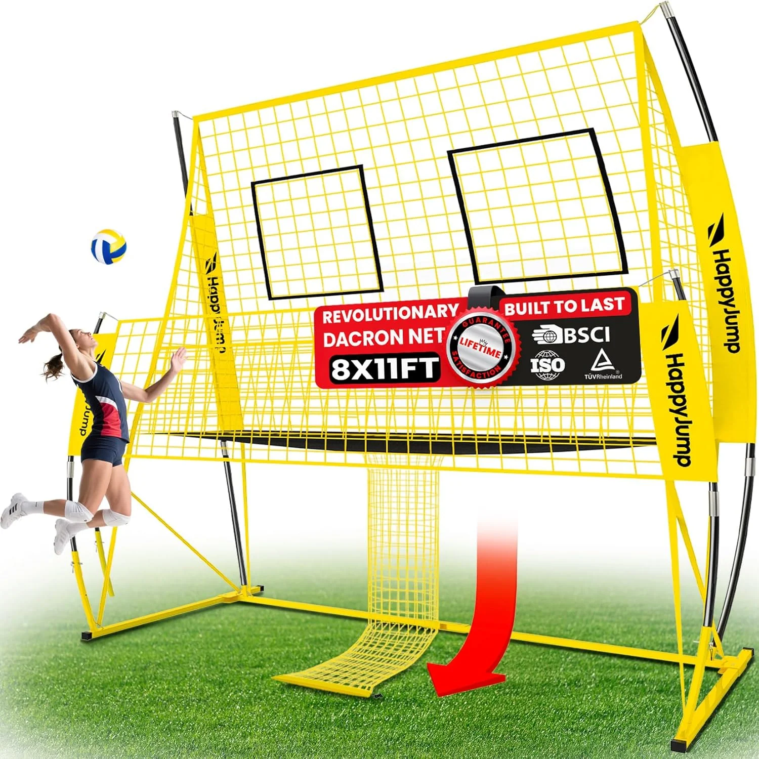Adjustable volleyball training net equipment system (8x11 feet). suitable for adult outdoor or indoor volleyball practice. equipped with volleyball.