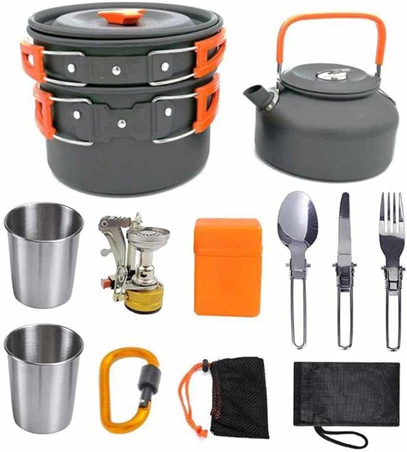 Camping cooking set - picnic cooking pot set - outdoor hiking and barbecue tableware set - camping travel supplies set including frying pan. water jug and stove